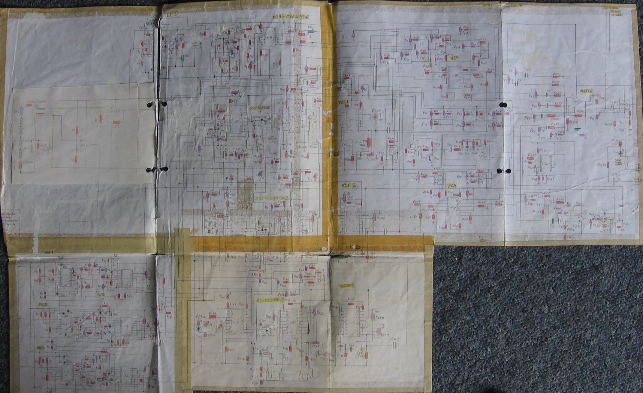 Motas1 analogue synthesizer hand-drawn schematic