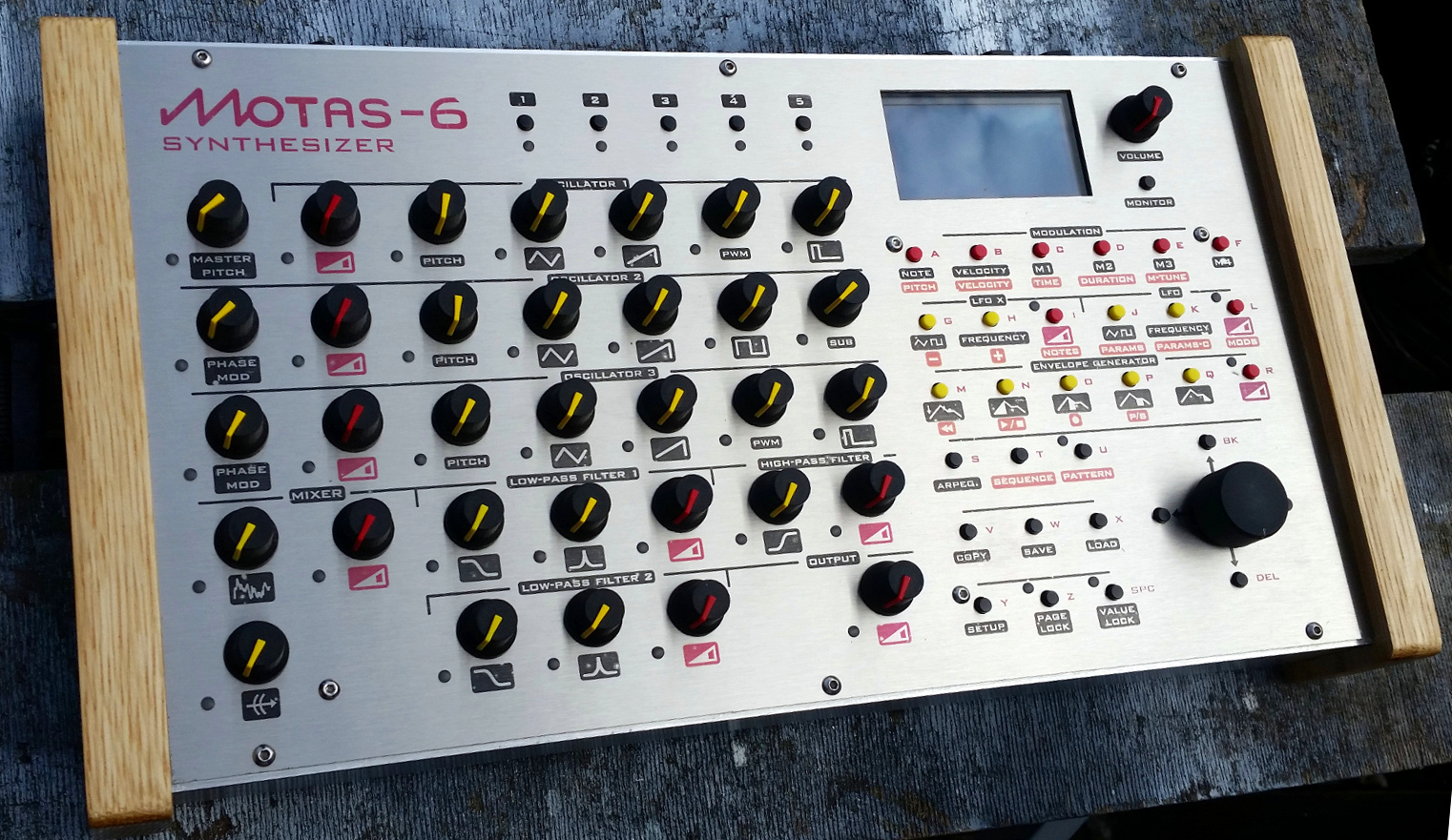 Motas-6 analogue synthesizer production unit in stainless steel finish