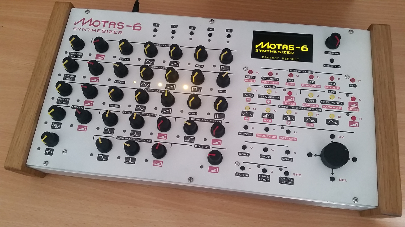 Motas-6 analogue synthesizer production unit in white finish